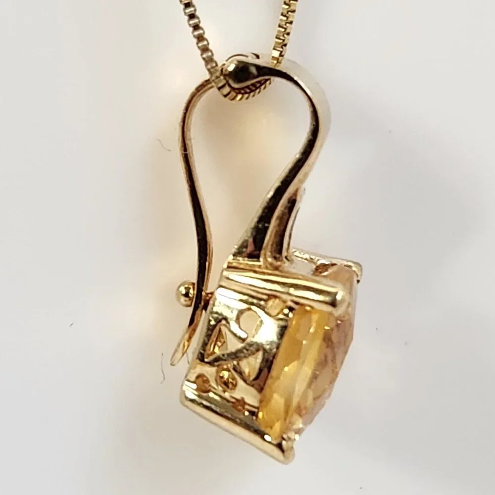 VTG Estate Older 14K Solid Gold Citrine & Diamond Open Bail Pendant & Chain - Picture 5 of 13